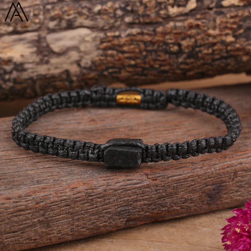 Natural Black Tourmaline, Single Beads,  Woven Adjustable Bracelet