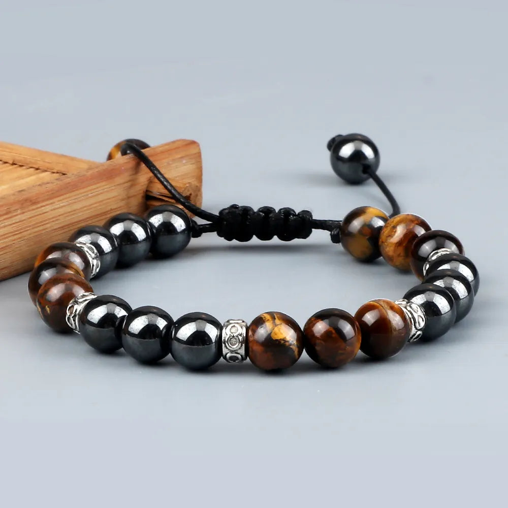 8MM Hematite Stone Series Braided Bracelet Stone Beads Alloy Spacer