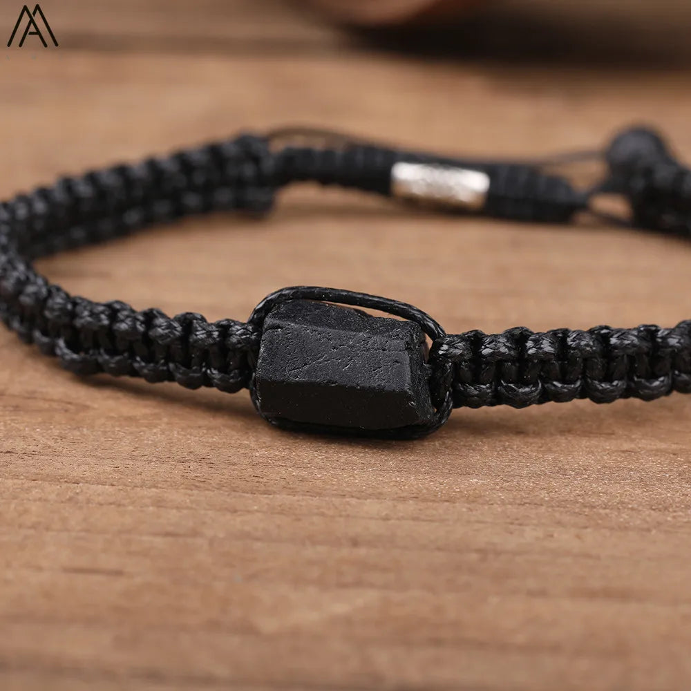 Natural Black Tourmaline, Single Beads,  Woven Adjustable Bracelet