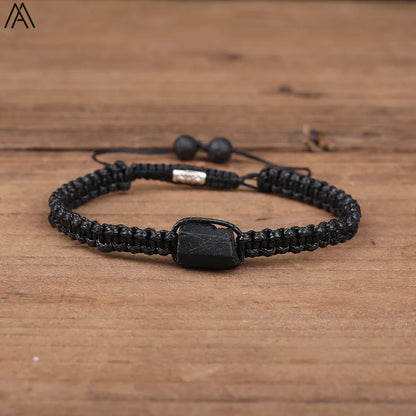 Natural Black Tourmaline, Single Beads,  Woven Adjustable Bracelet