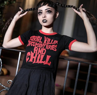 Cool Women's Short T-Shirt Summer Slim Terror Letter Serial Killer 3D Digital Printing O-Neck Short Sleeve Crop Tops