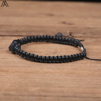 Natural Black Tourmaline, Single Beads,  Woven Adjustable Bracelet