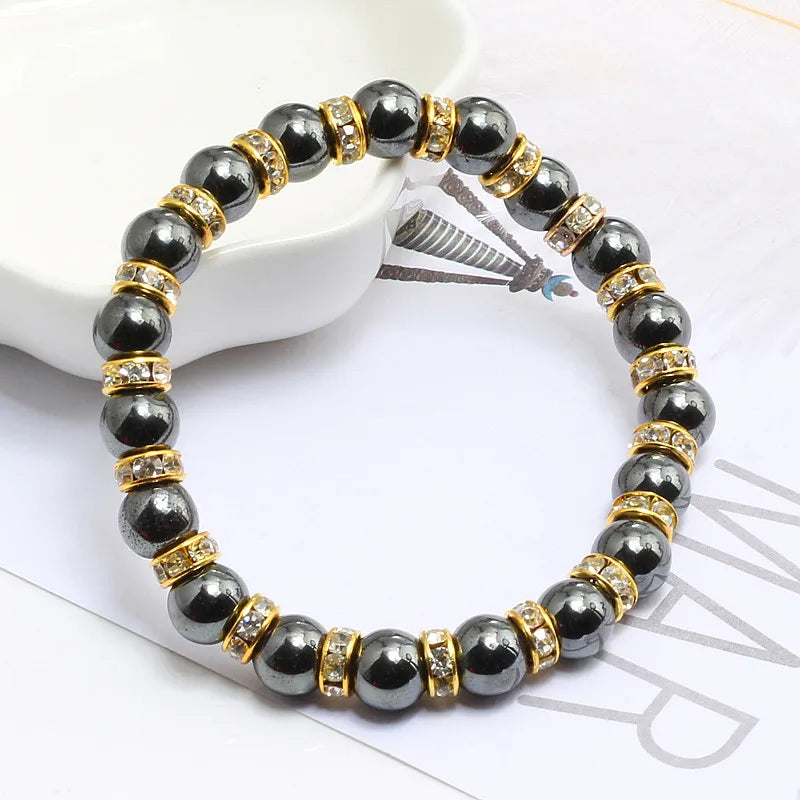 Stone Hematite Beads Bracelets w/ Rhinestone Rope