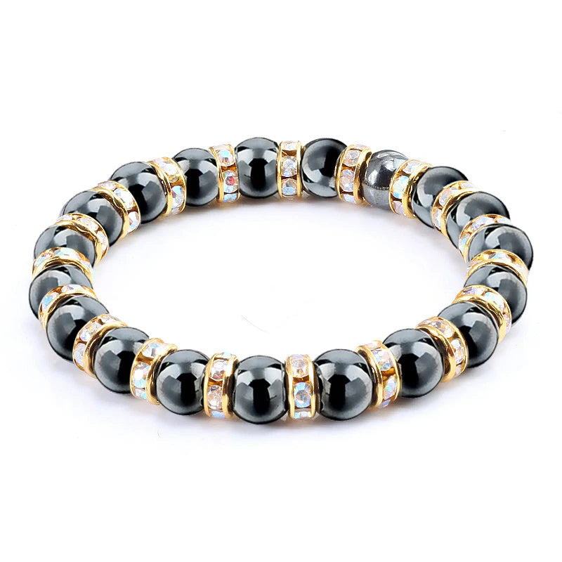 Stone Hematite Beads Bracelets w/ Rhinestone Rope