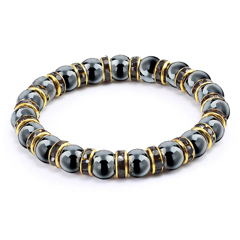 Stone Hematite Beads Bracelets w/ Rhinestone Rope