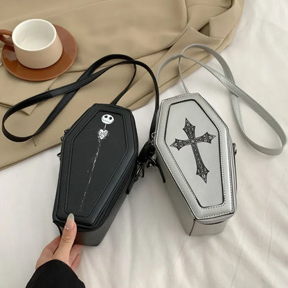 2023 Novelty Gothic Crossbody Bag Halloween Retro Cross Shoulder Bag Coffin Shape Purse&Handbag for Women PU Ghost Small Satchel