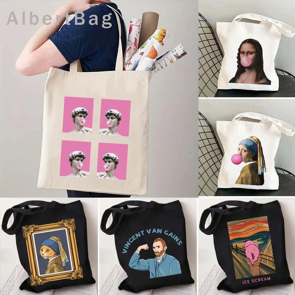 Funny Art Bubble Gum, Mona Lisa, Van Gogh, Sunflower, David Statue, Queen Elizabeth Neymar Pearl Girl Painting Tote Bag Handbags