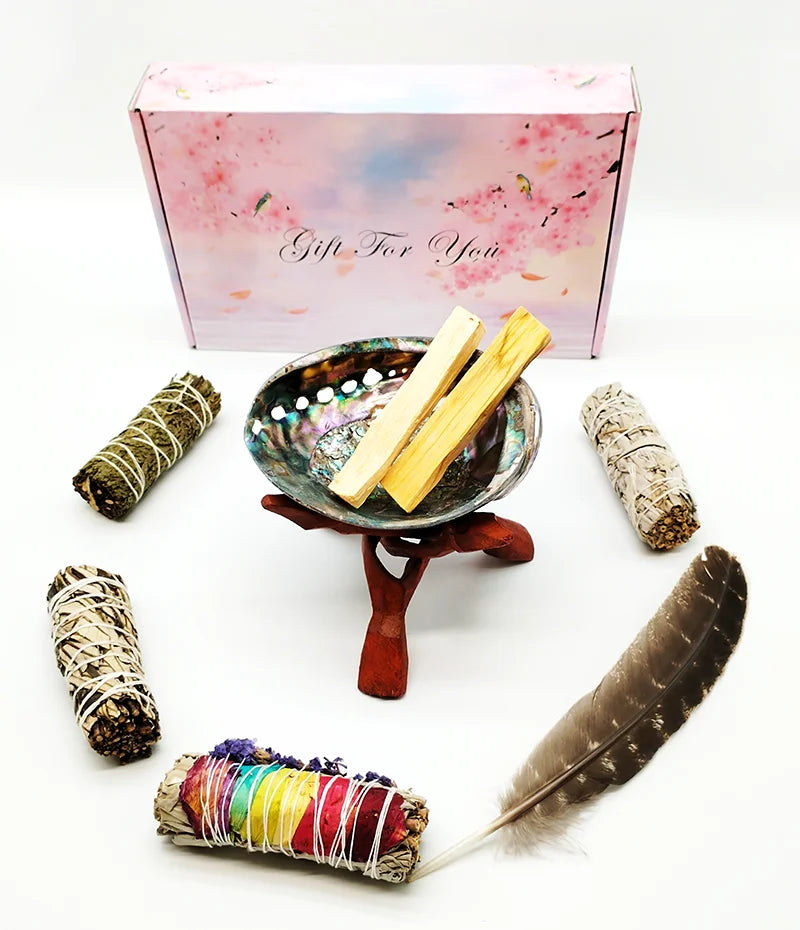 Smudging Kit with White Sage, Palo Santo, Abalone & Stand, Smudge Feather