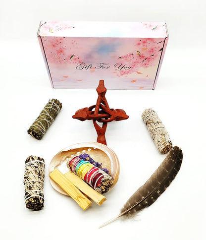 Smudging Kit with White Sage, Palo Santo, Abalone & Stand, Smudge Feather