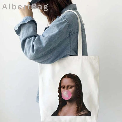 Funny Art Bubble Gum, Mona Lisa, Van Gogh, Sunflower, David Statue, Queen Elizabeth Neymar Pearl Girl Painting Tote Bag Handbags