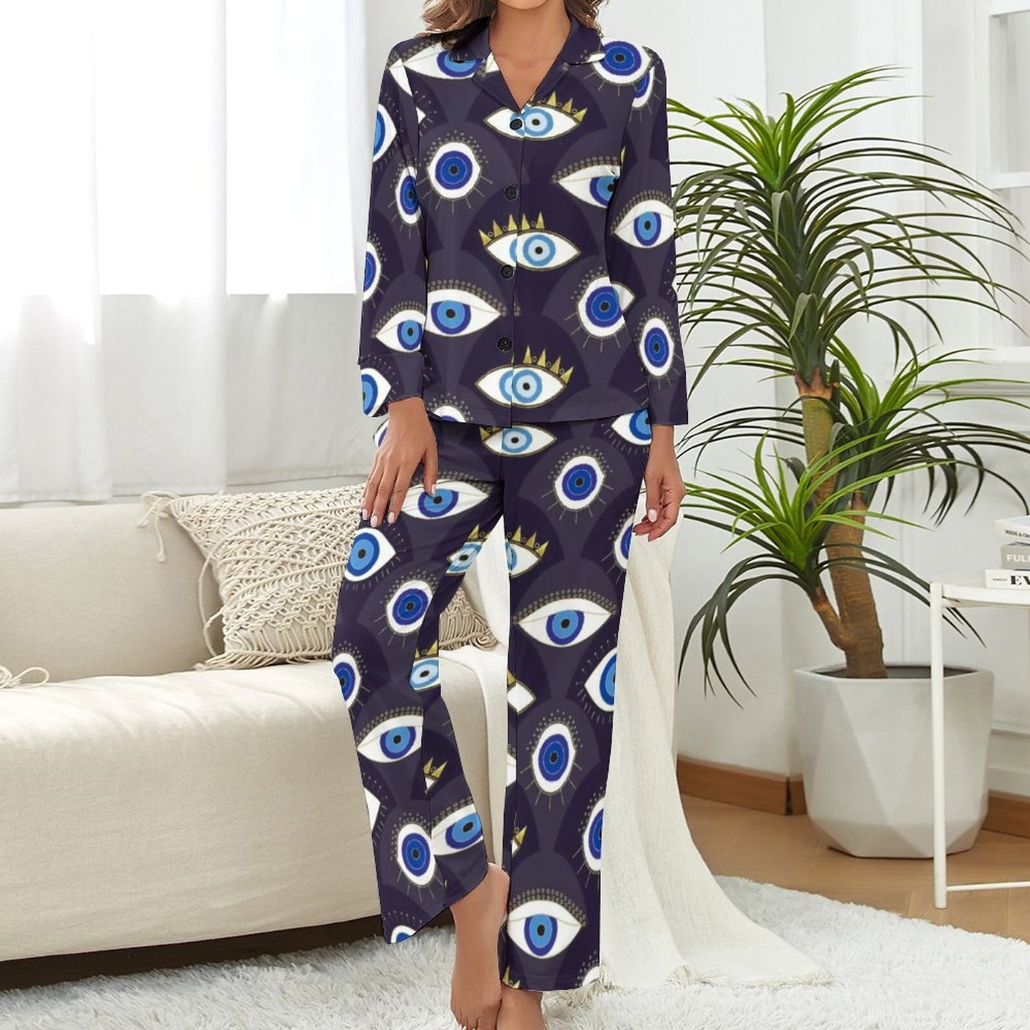 Evil Eye Print Pajamas Long Sleeve Protect Me Two Piece Casual Pajama Sets Womens V Neck