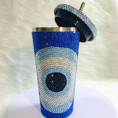 Bling Evil Eye Tumbler Personalize Name Rhinestone Tumbler Stainless Steel Water Bottles with Straw Turkish Eye Thermos Bottles