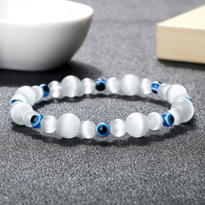 Blue Evil Eye Beaded Bracelets, Natural Cat Eye Stone, 6 8mm Opal