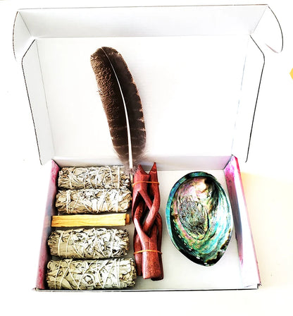 Smudging Kit with White Sage, Palo Santo, Abalone & Stand, Smudge Feather