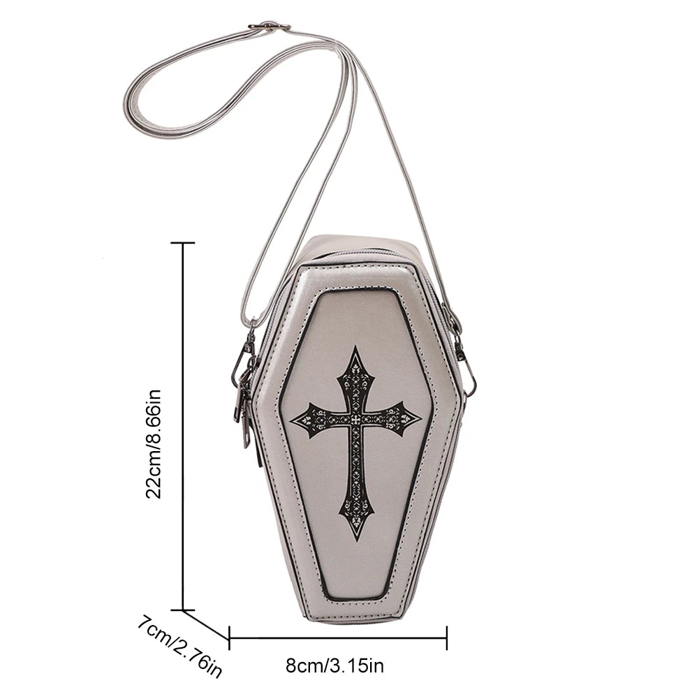 2023 Novelty Gothic Crossbody Bag Halloween Retro Cross Shoulder Bag Coffin Shape Purse&Handbag for Women PU Ghost Small Satchel