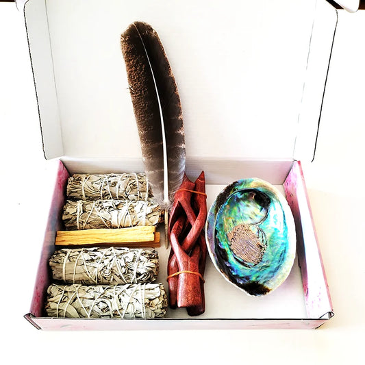 Smudging Kit with White Sage, Palo Santo, Abalone & Stand, Smudge Feather