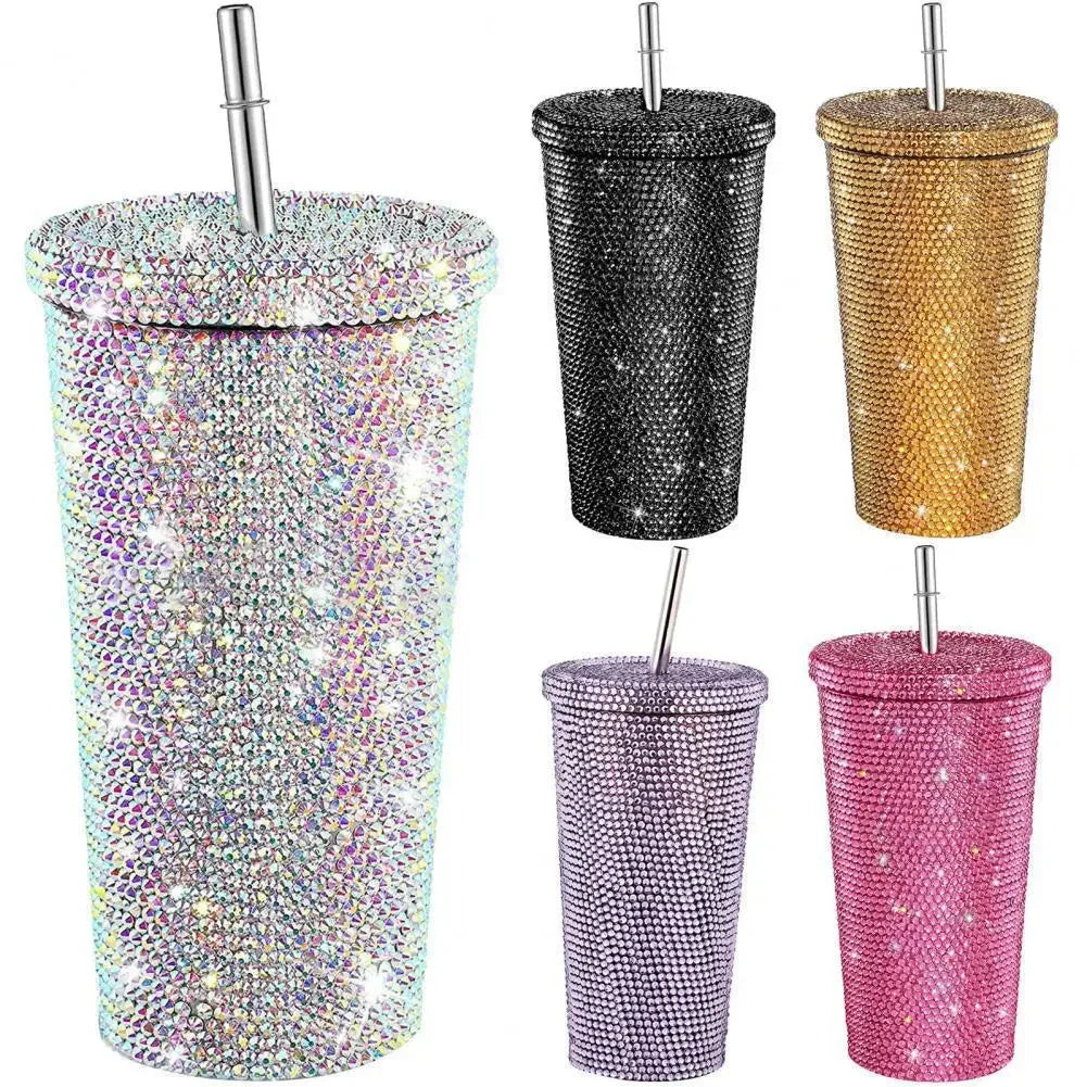 Rhinestone Stainless Steel Double Layer Thermos Cups, Women Glitter Cup Water Bottle Gift 500ml Reusable Straw Cup With Lid