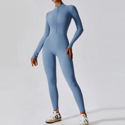 Yoga Boilersuit, Long Sleeved Women's Sportswear, Gym Zipper Jumpsuits, Workout High-intensity Fitness, One-piece Skin-tight Garment