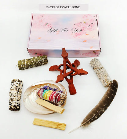 Smudging Kit with White Sage, Palo Santo, Abalone & Stand, Smudge Feather