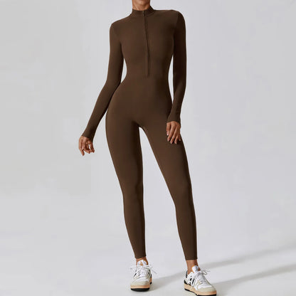 Yoga Boilersuit, Long Sleeved Women's Sportswear, Gym Zipper Jumpsuits, Workout High-intensity Fitness, One-piece Skin-tight Garment