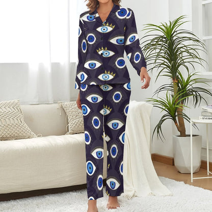 Evil Eye Print Pajamas Long Sleeve Protect Me Two Piece Casual Pajama Sets Womens V Neck