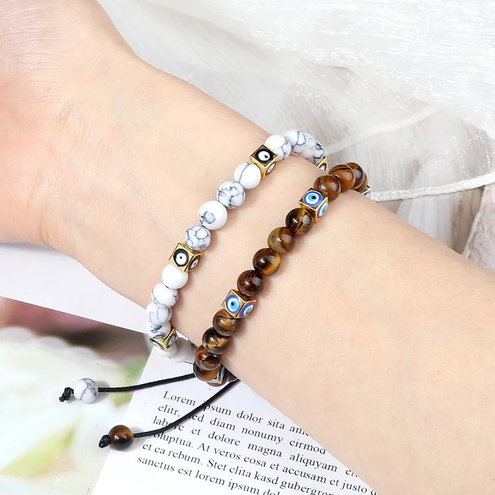 Square Blue Evil Eye Braided Bracelet 6mm Natural Stone