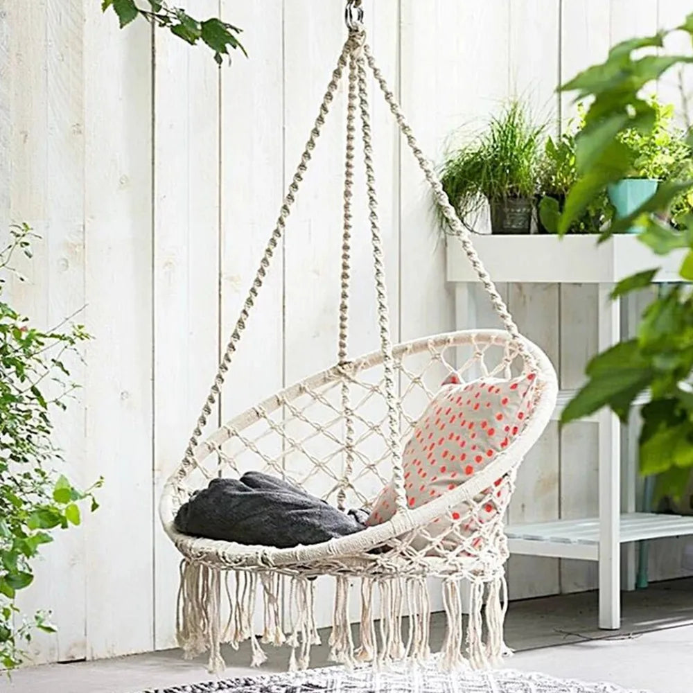 Hanging Outdoor Rocking Chair, Macrome Cotton Hammock with Beige Frame, Reinforced Casual Hammock Suitable for All Seasons