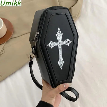 2023 Novelty Gothic Crossbody Bag Halloween Retro Cross Shoulder Bag Coffin Shape Purse&Handbag for Women PU Ghost Small Satchel