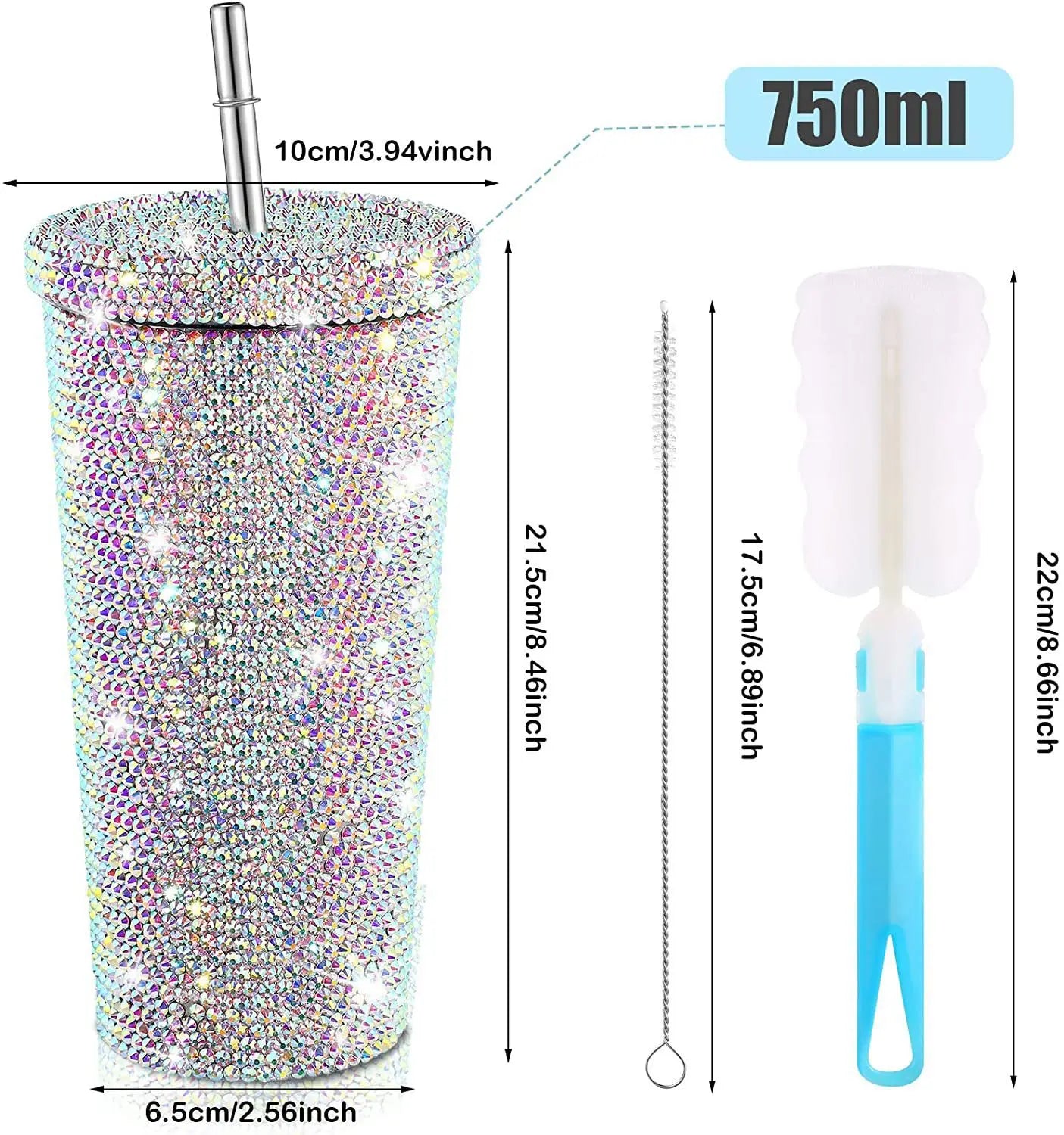 Rhinestone Stainless Steel Double Layer Thermos Cups, Women Glitter Cup Water Bottle Gift 500ml Reusable Straw Cup With Lid