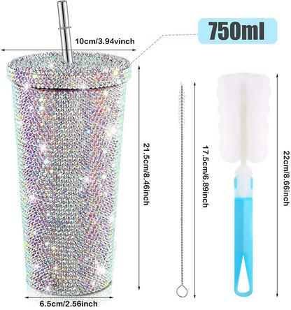 Rhinestone Stainless Steel Double Layer Thermos Cups, Women Glitter Cup Water Bottle Gift 500ml Reusable Straw Cup With Lid