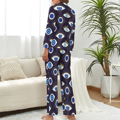 Evil Eye Print Pajamas Long Sleeve Protect Me Two Piece Casual Pajama Sets Womens V Neck