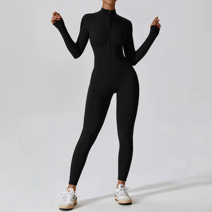 Yoga Boilersuit, Long Sleeved Women's Sportswear, Gym Zipper Jumpsuits, Workout High-intensity Fitness, One-piece Skin-tight Garment